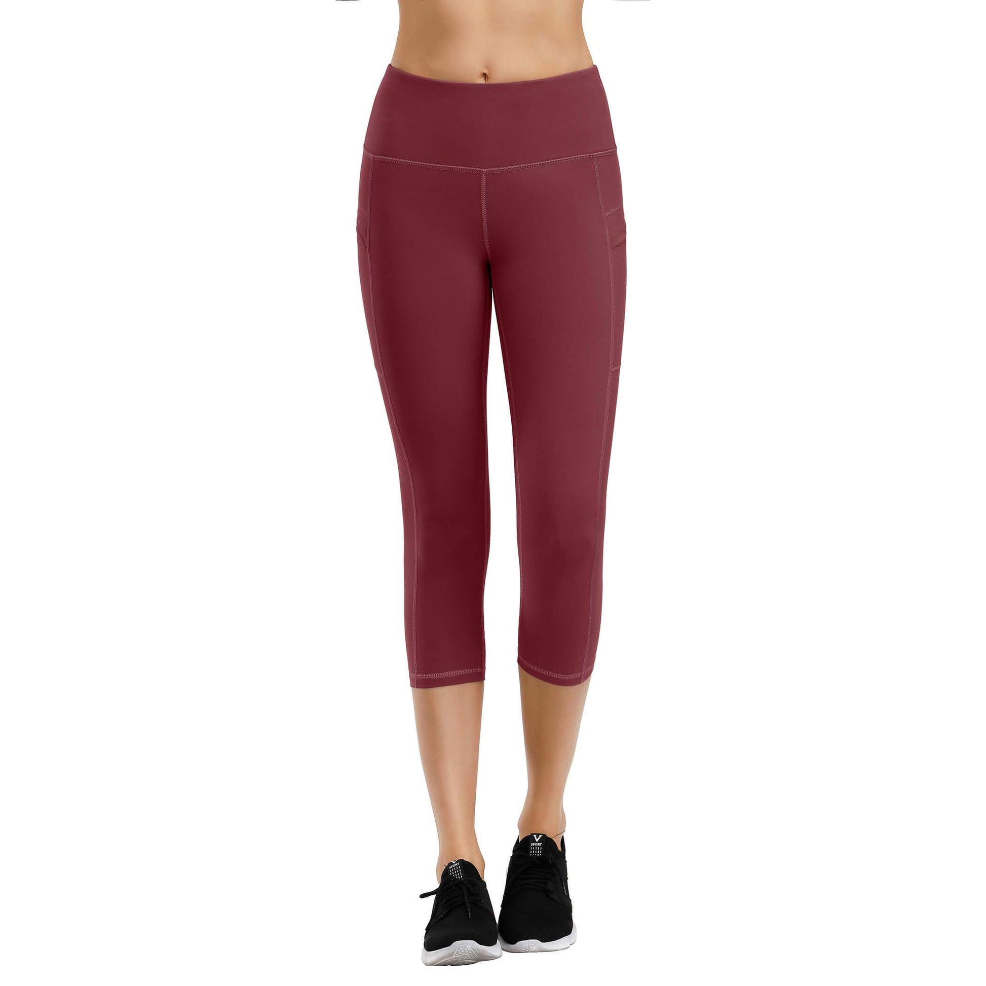 LifeSky Yoga Pants 2 Pocket High Waisted Tummy Control Burgundy Capri  Leggings 