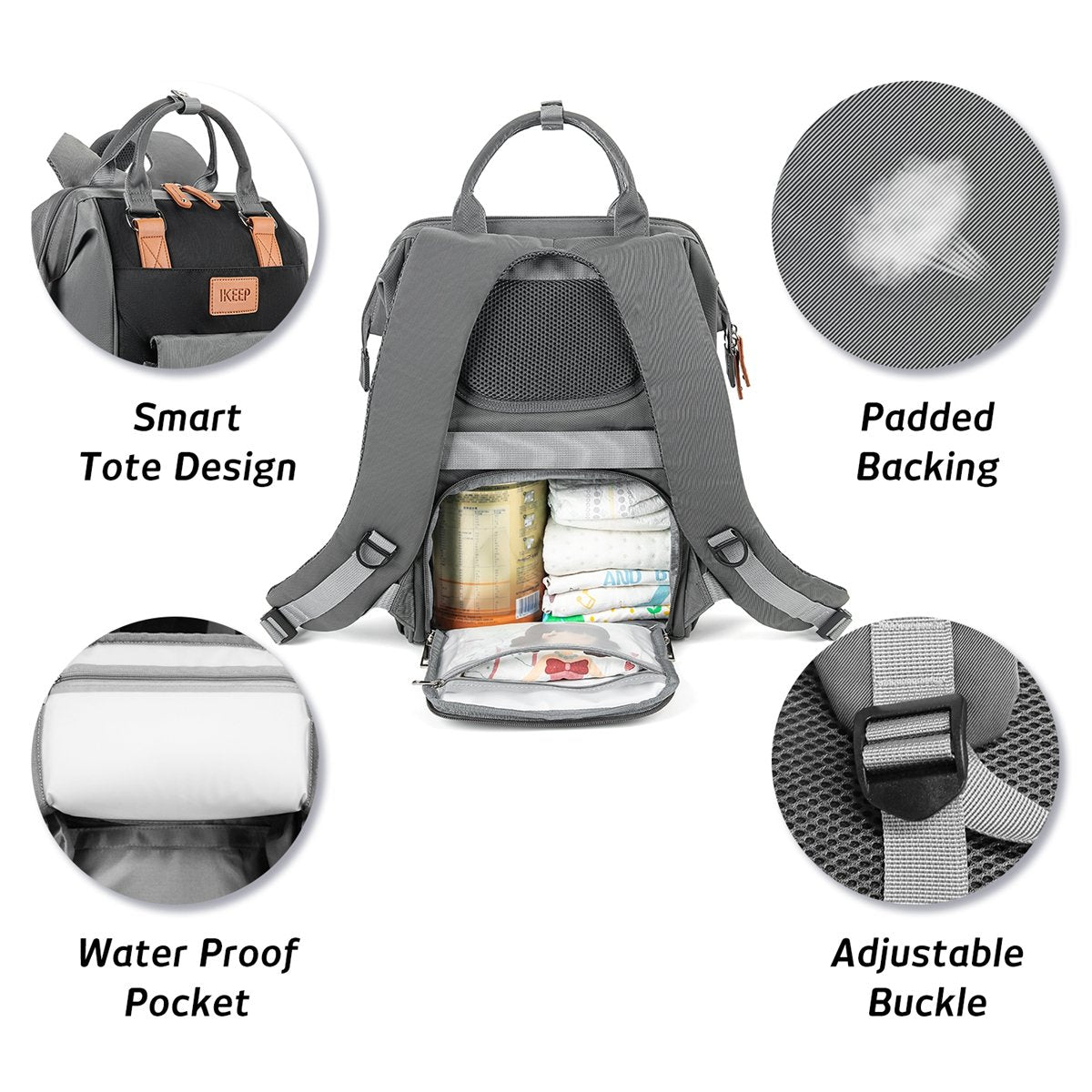 iKeep<sup>&reg;</sup> Crazy Pockets Backpack Diaper Bag - Grey